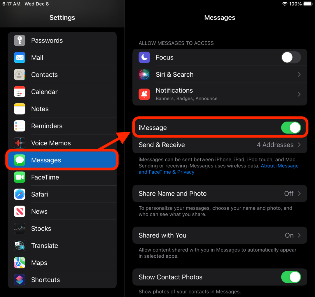 Disable iMessage on an iPad