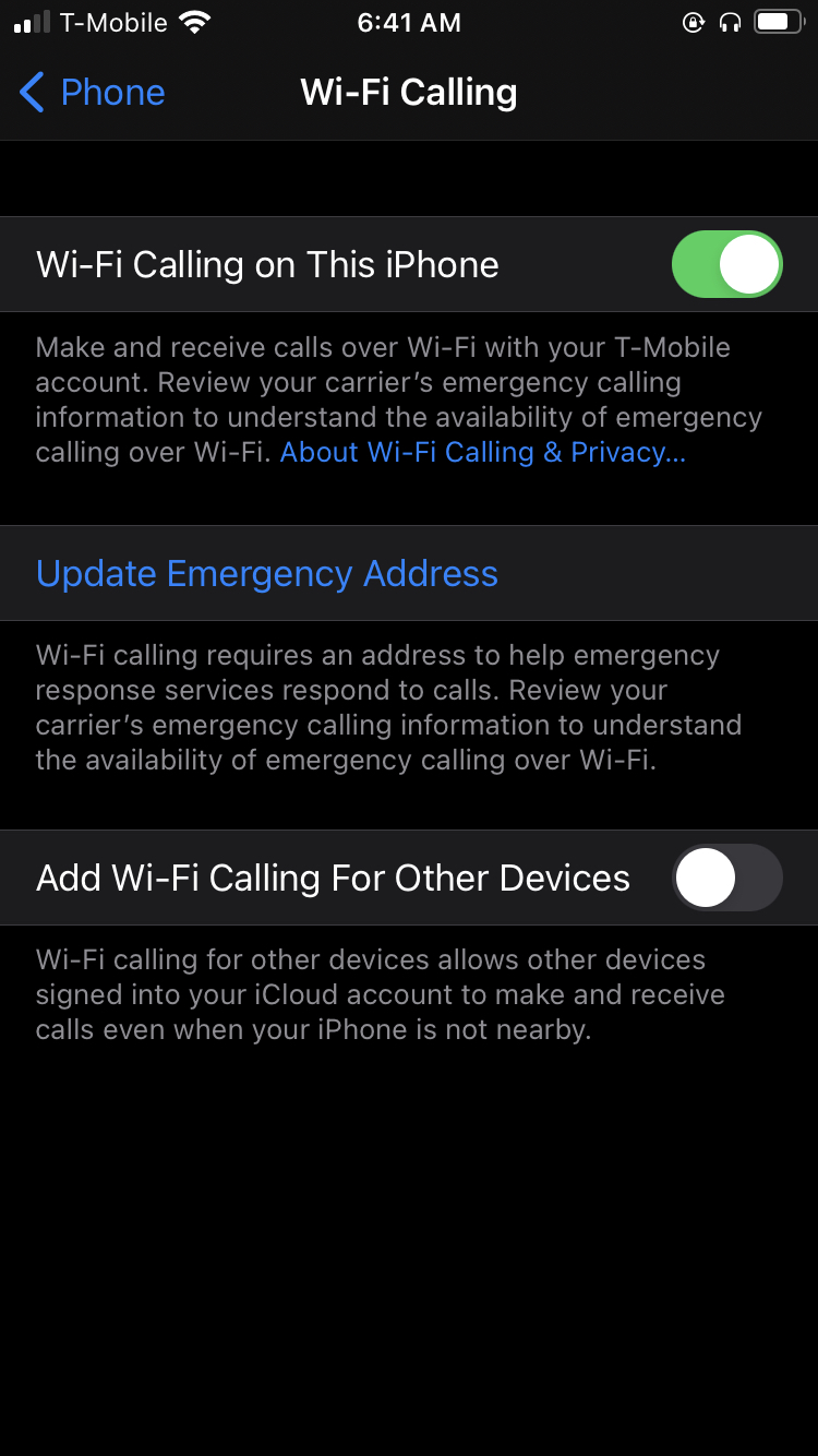 Disabling WiFi calling on iPhone