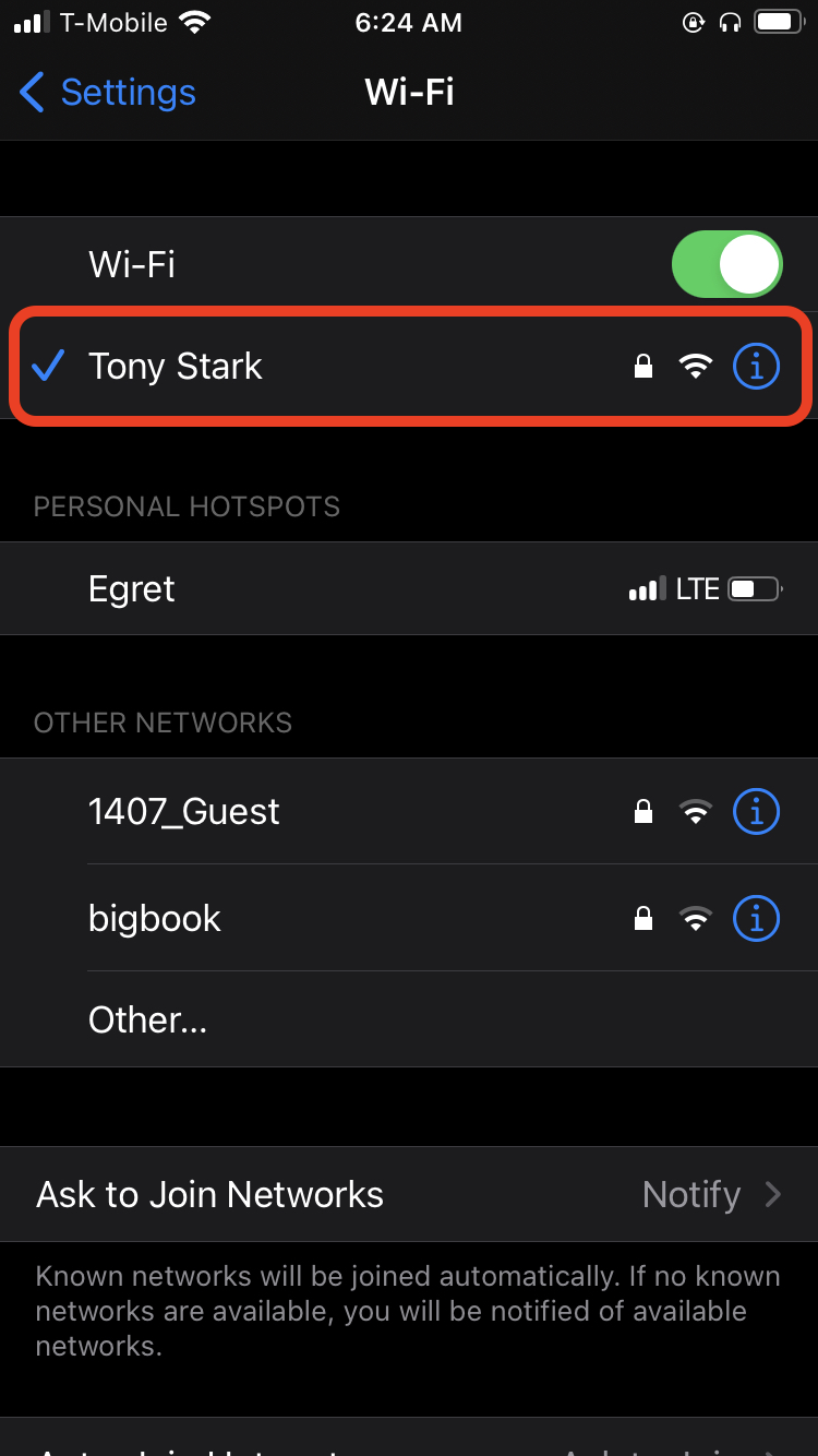 iPhone Wi-Fi network settings