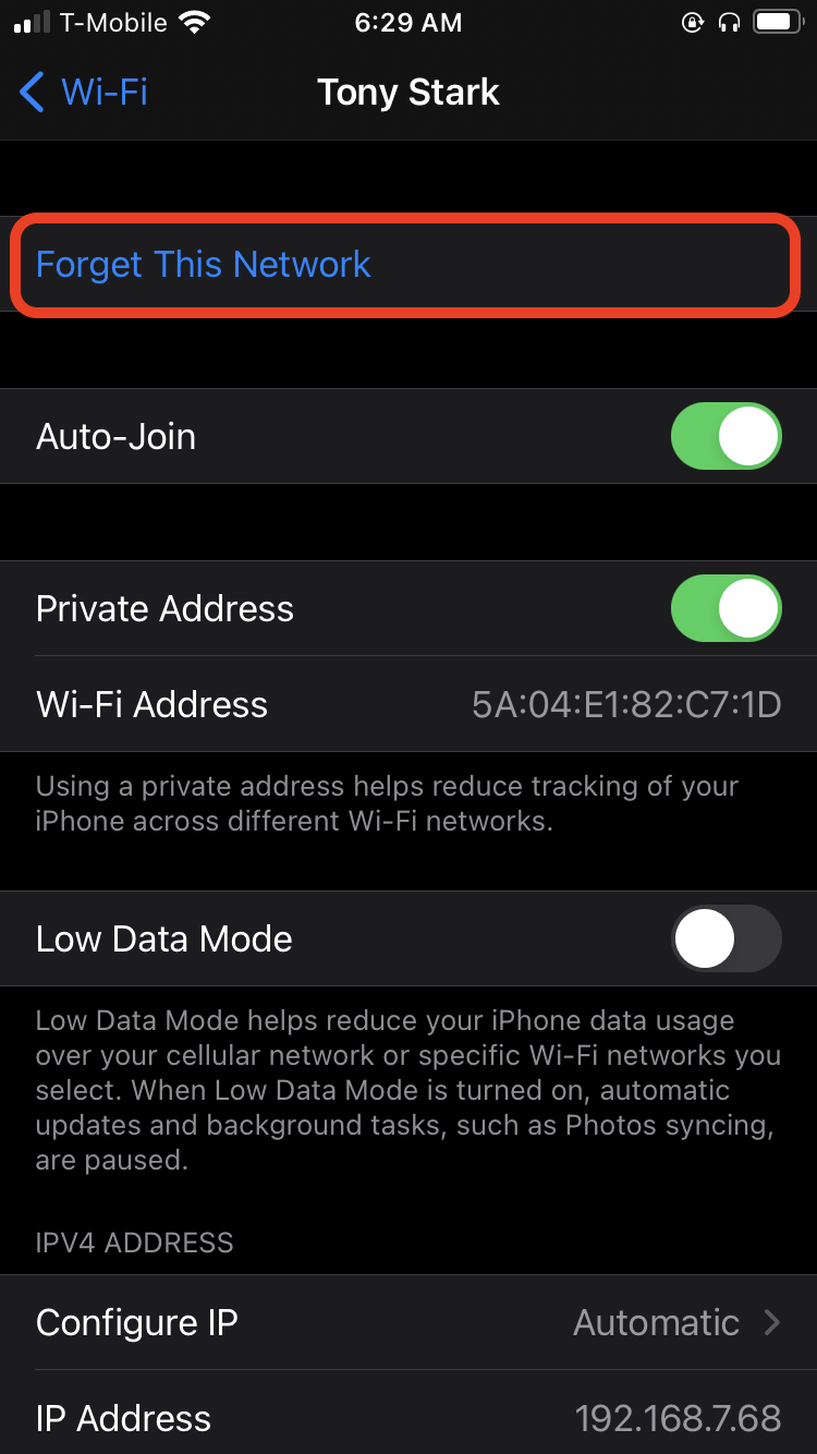 iPhone Wi-Fi network settings