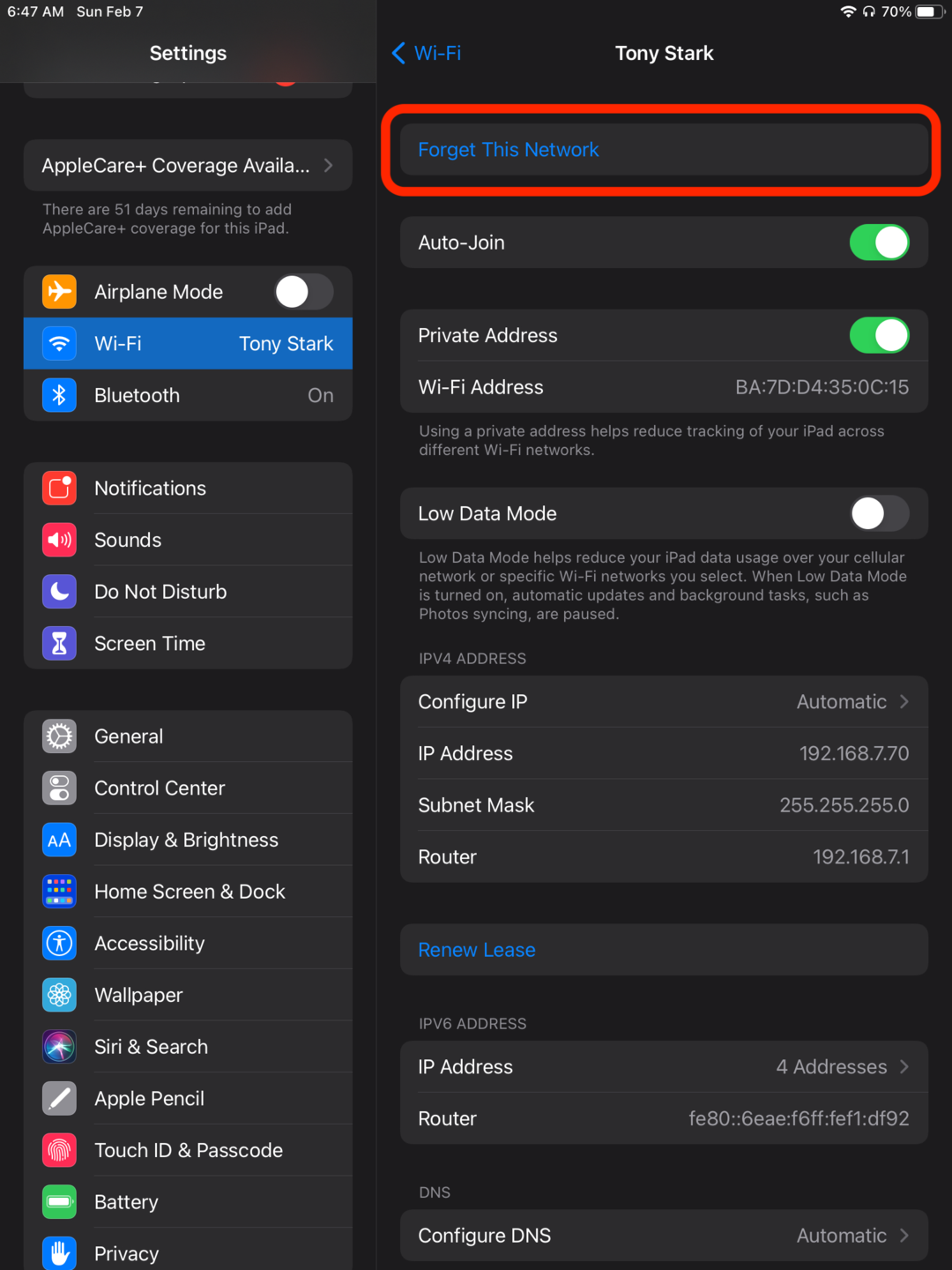 Forget a wifi network on an iPad
