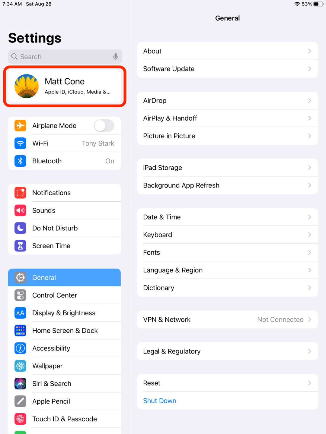 iPad iOS system settings