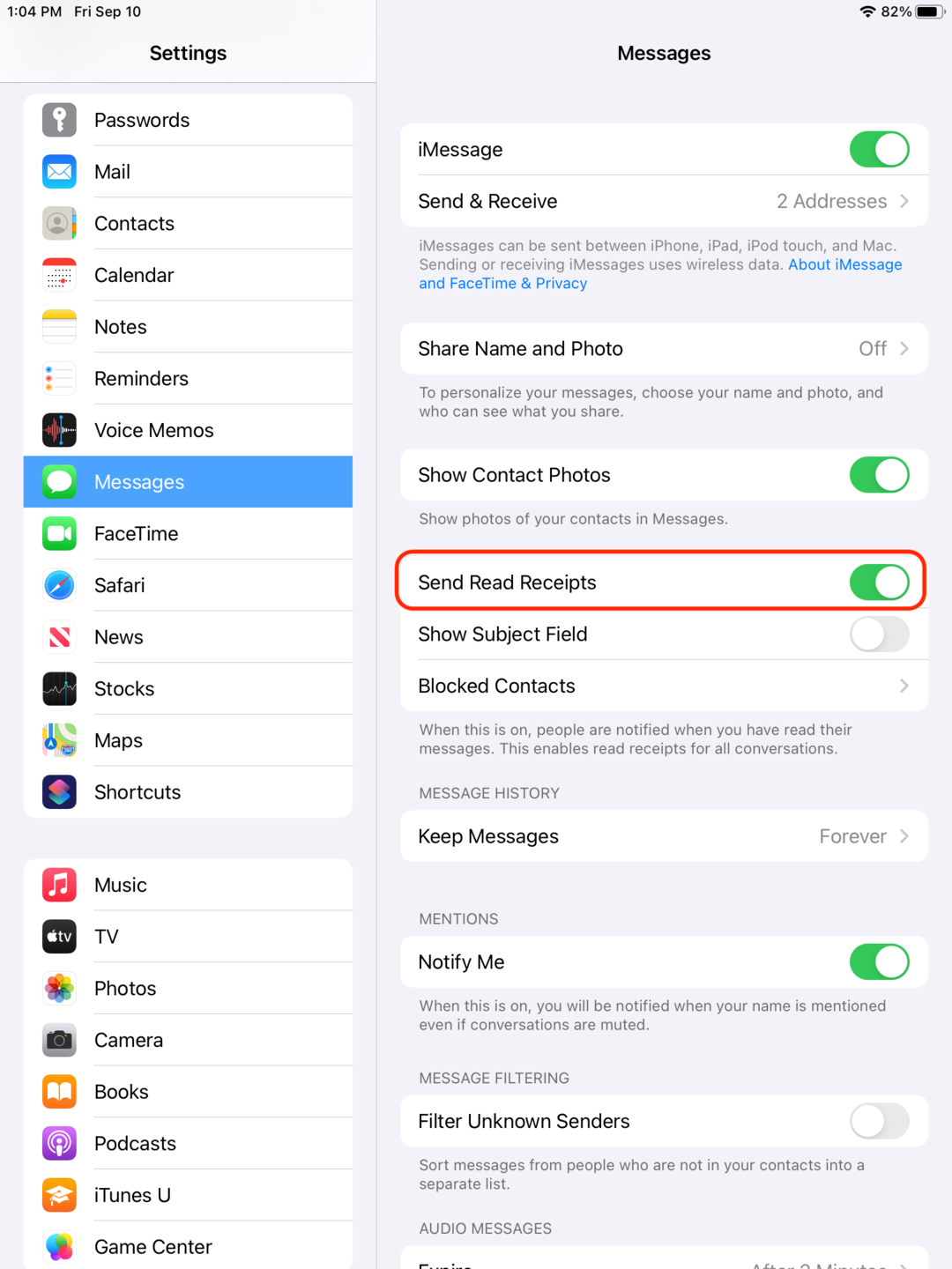 Turn off read receipts on your iPad