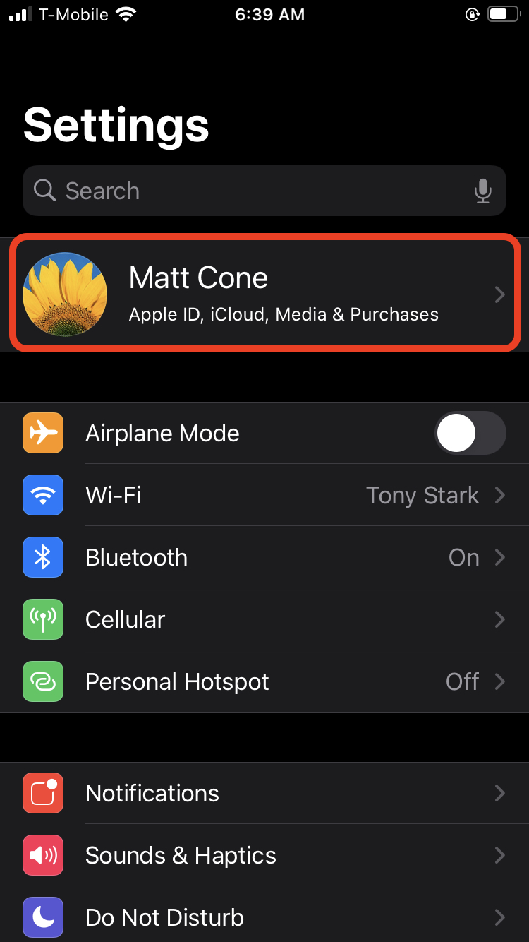iOS system settings