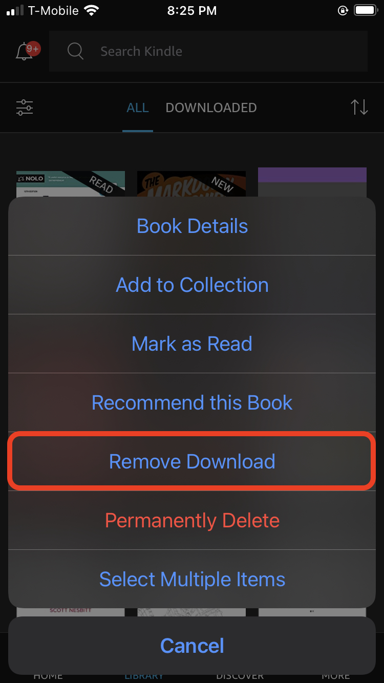 Delete downloaded Kindle book from iPhone