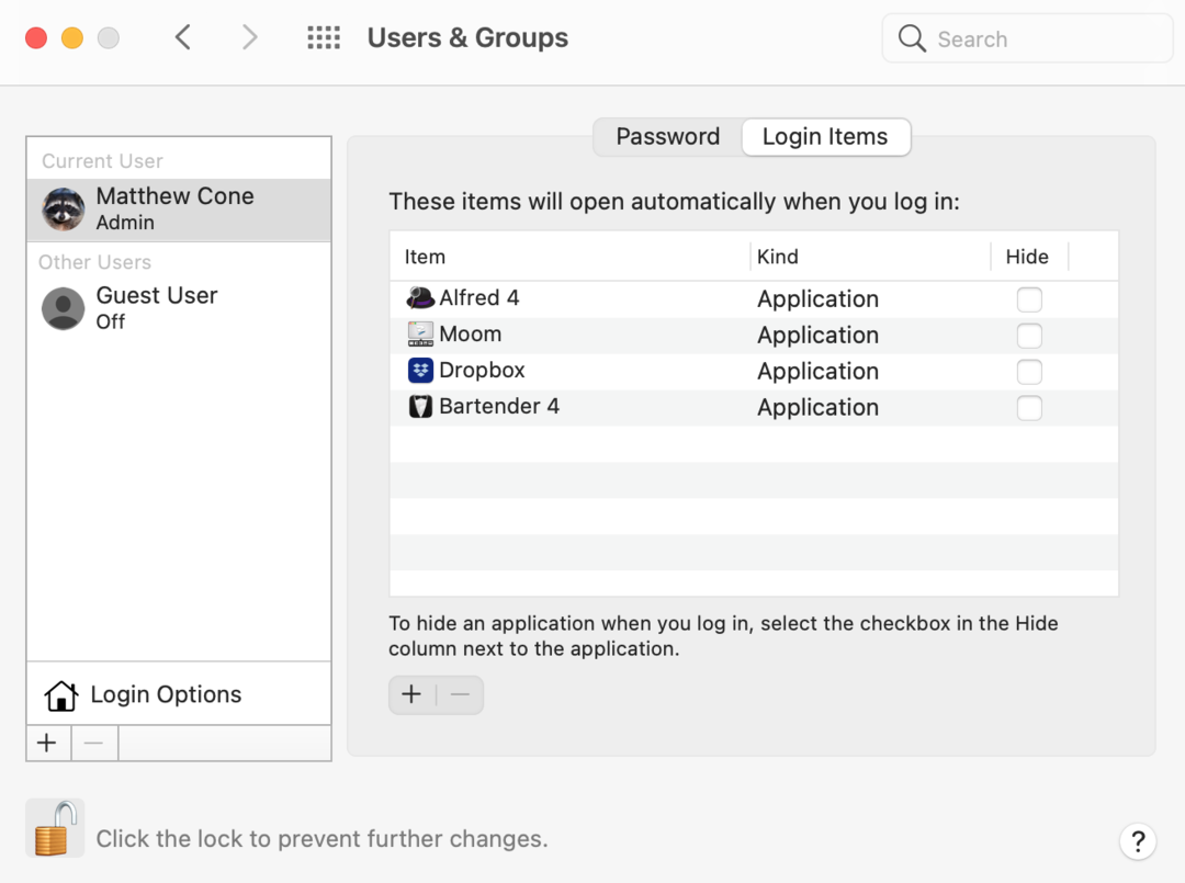 User and groups system preferences on a Mac