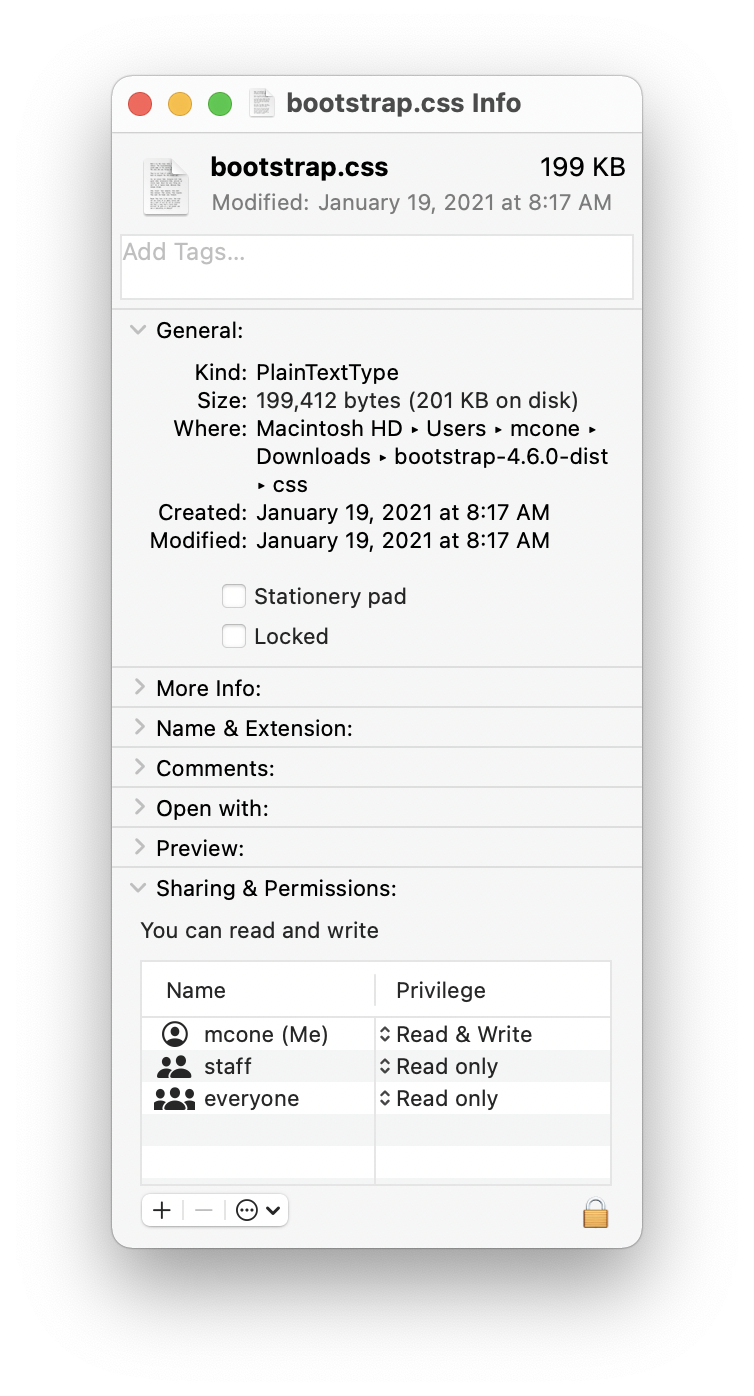 Changing Mac file permissions with the Get Info window