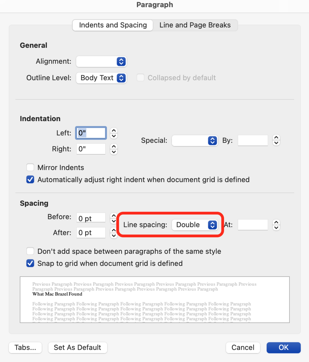 Double space Microsoft Word Mac document