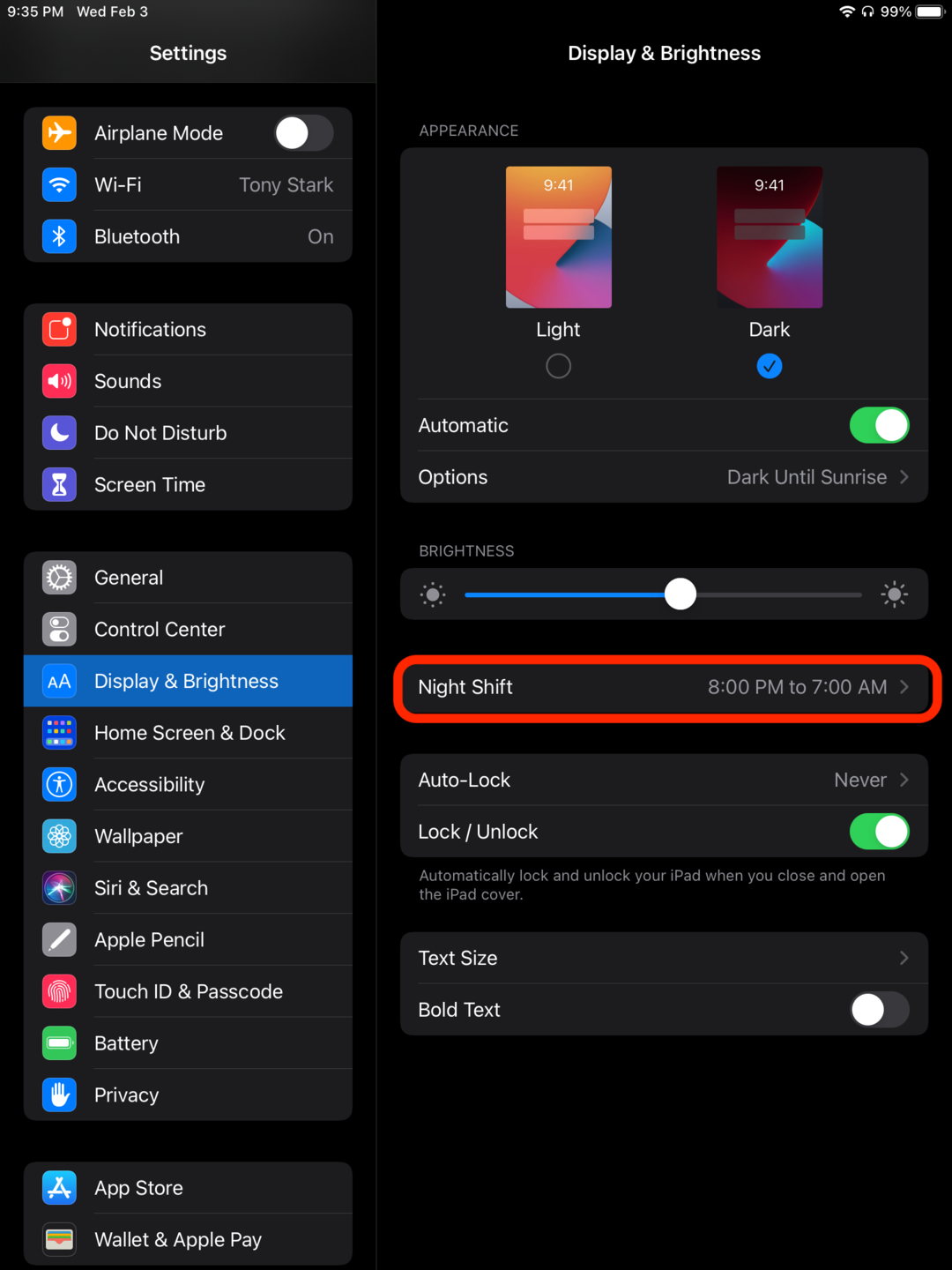 iPad Display & Brightness settings