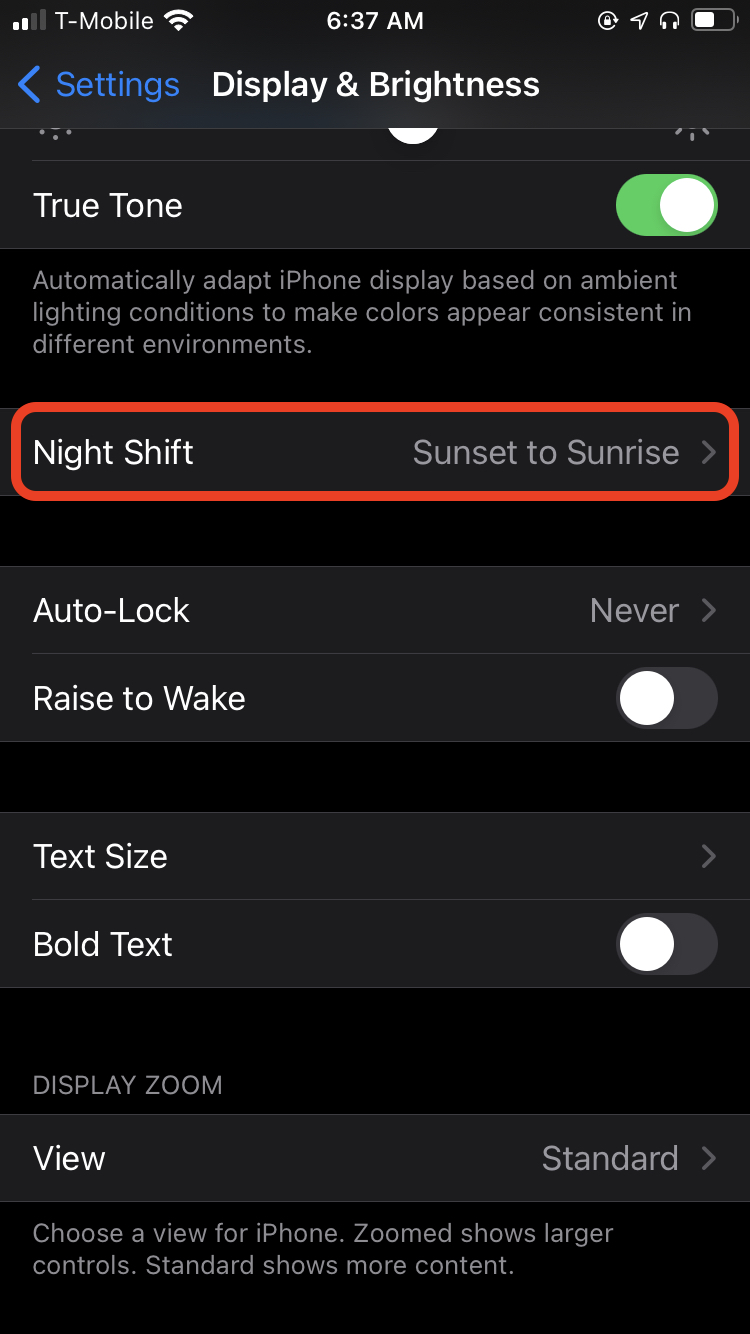iPhone Display & Brightness settings