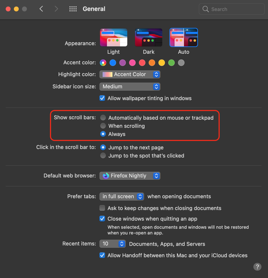 macOS scroll bar settings