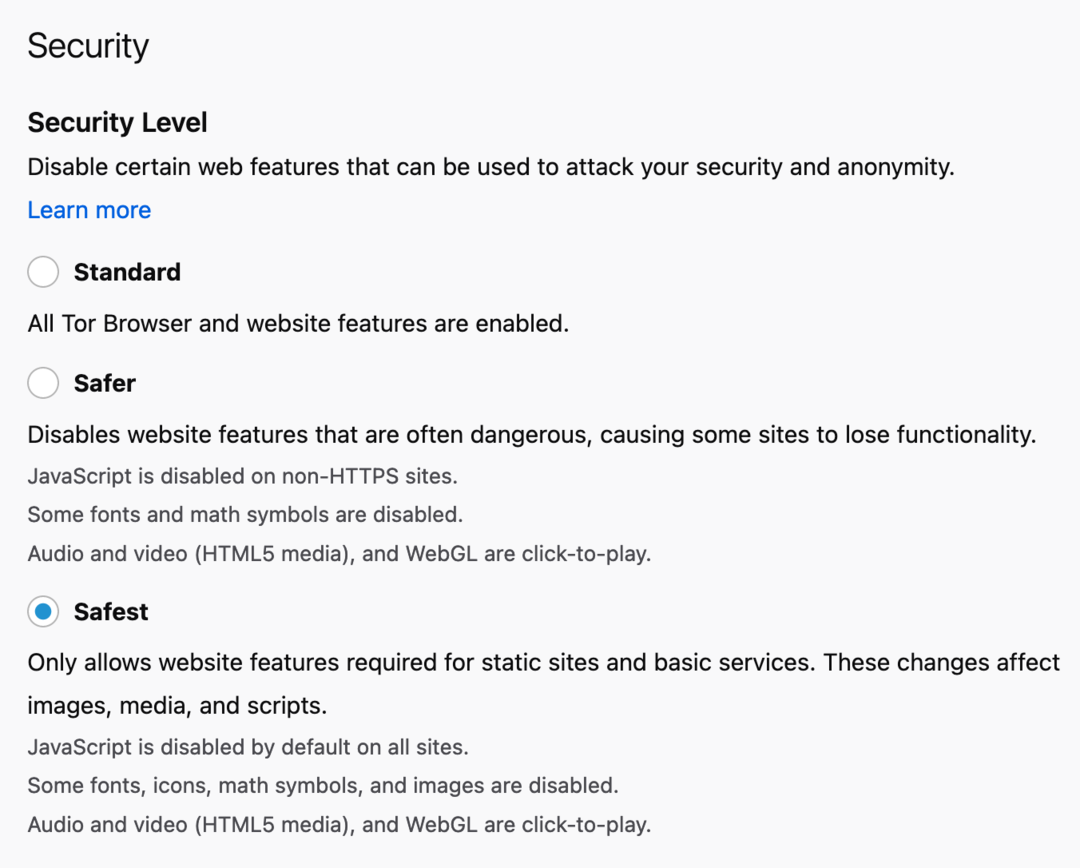 Enabling strict Tor security settings
