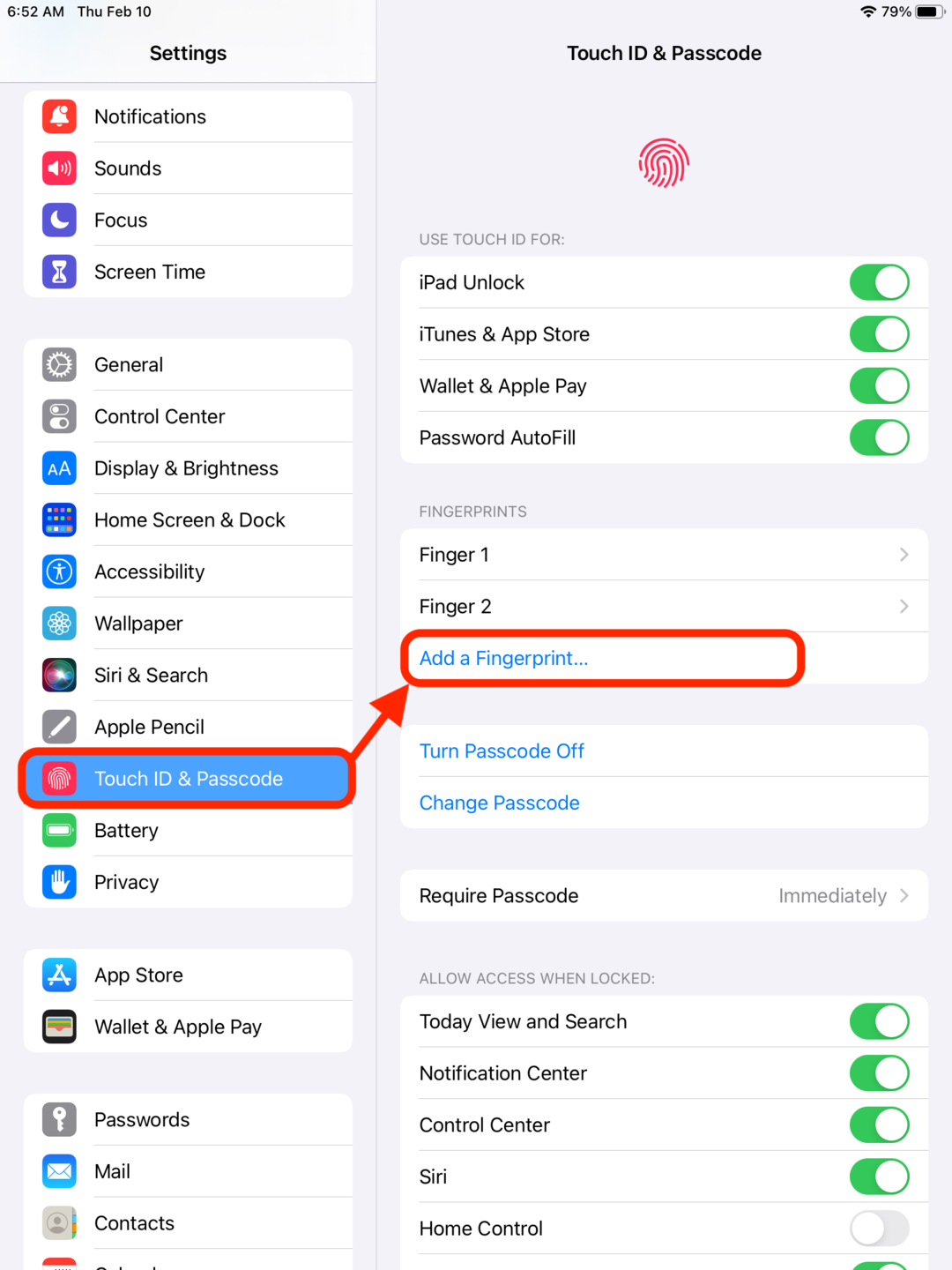 Touch ID settings on iPad