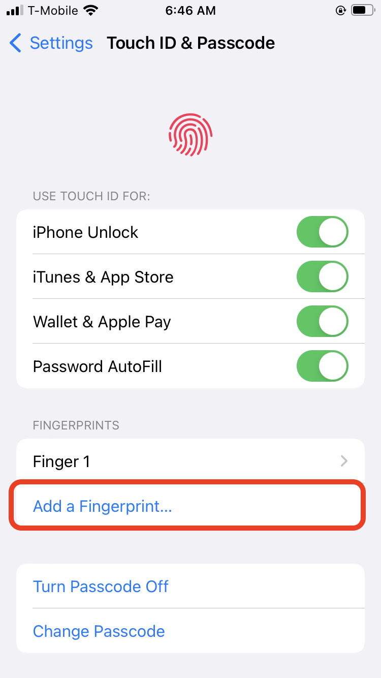 Touch ID settings on iPhone