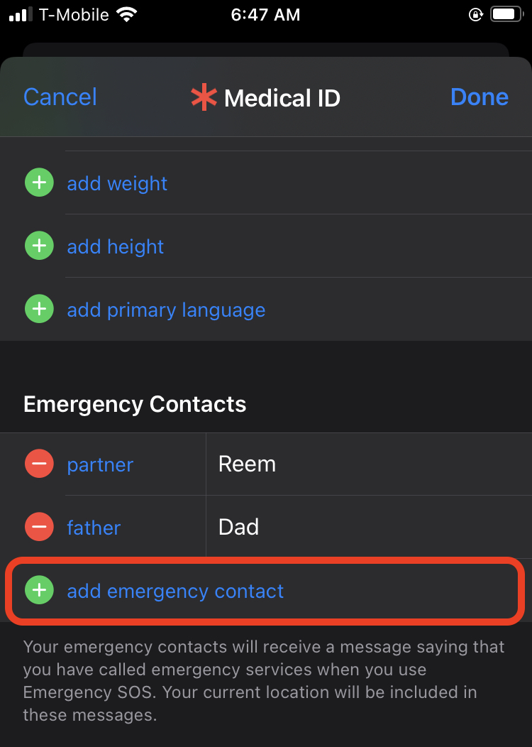 Setting up emergency contacts on iPhone