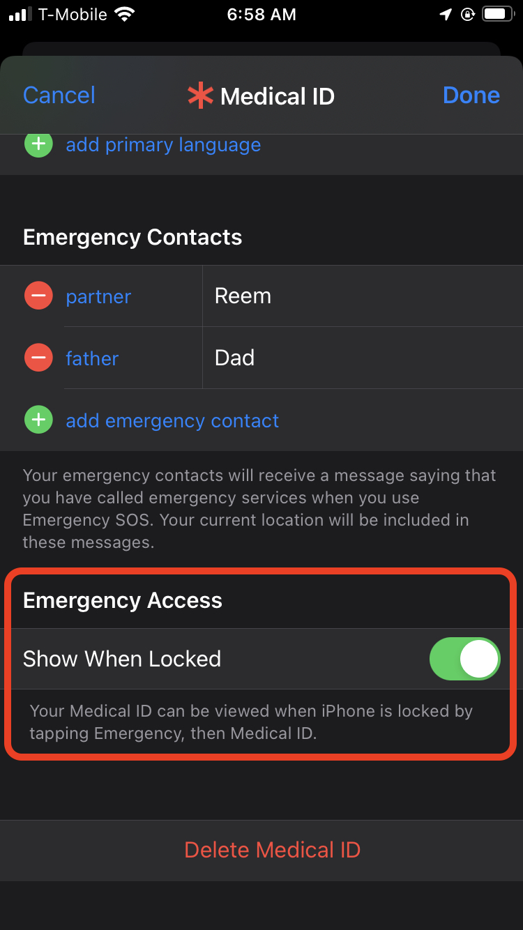 Setting up emergency contacts on iPhone